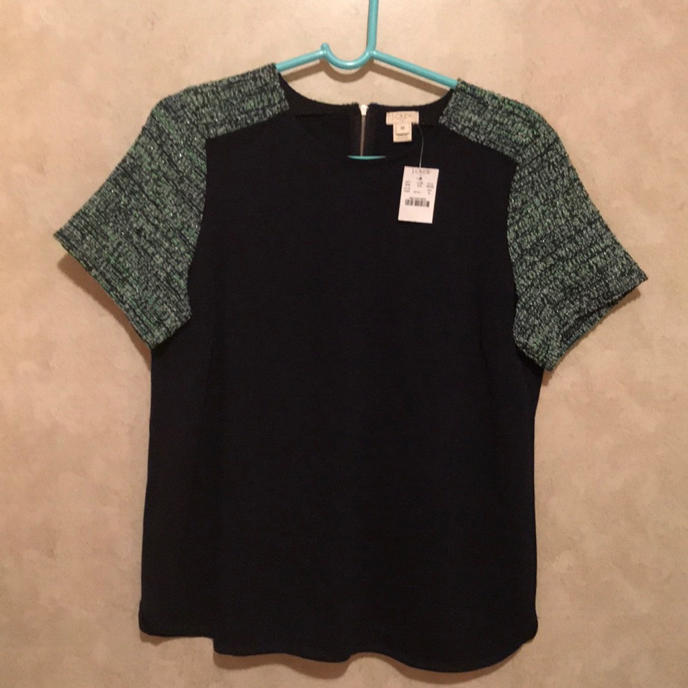 NWT J.crew navy green tweed knit top Size M